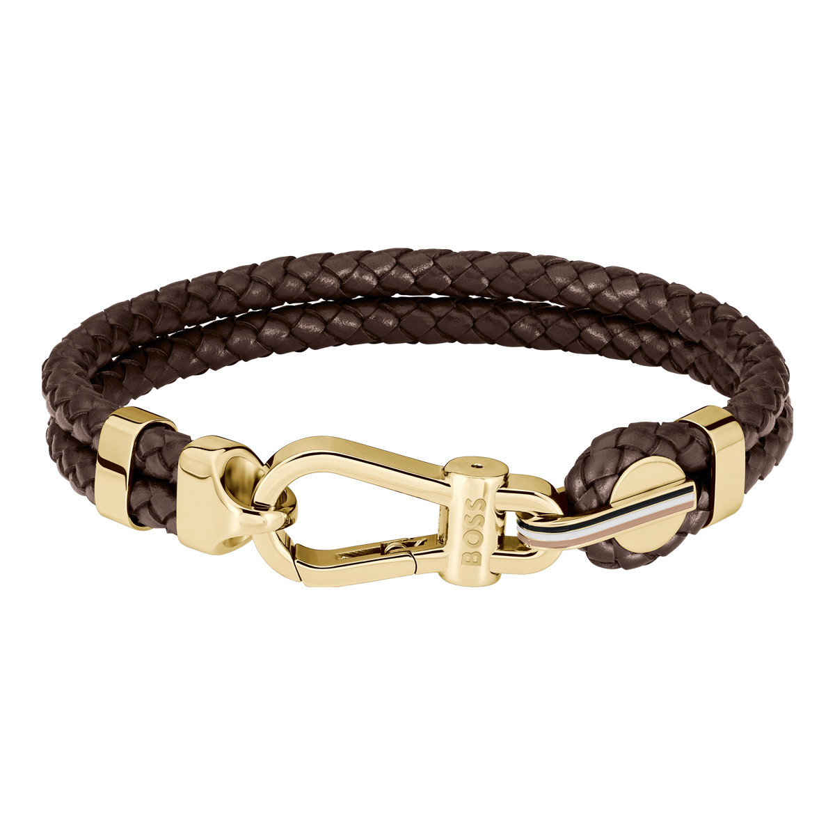 Bracelet BOSS Arès acier doré cuir marron longueur 19 cm