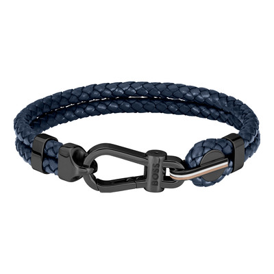 Bracelet BOSS Arès acier noir cuir bleu longueur 19 cm - vue 1
