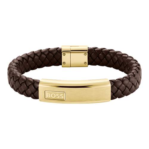 Bracelet BOSS Lander acier doré cuir marron longueur 19 cm
