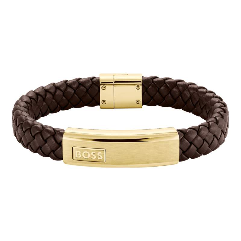 Bracelet BOSS Lander acier doré cuir marron longueur 19 cm - vue 1