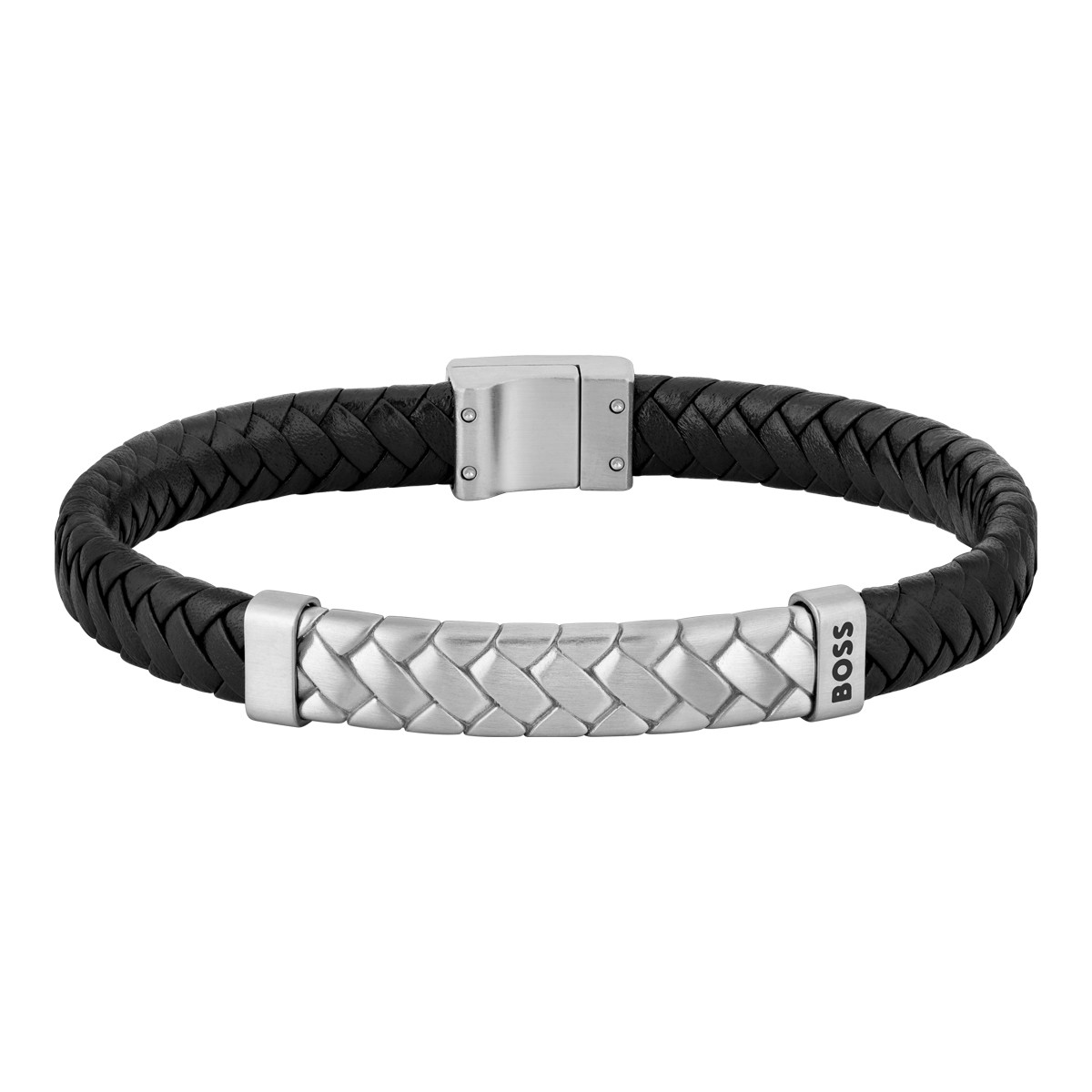 Bracelet BOSS Tailored acier cuir noir longueur 19 cm