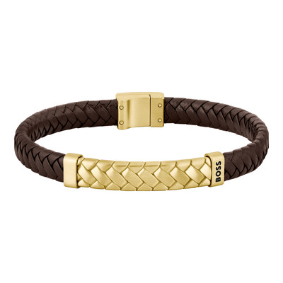 Bracelet BOSS Tailored gilded steel brown leather length 19 cm