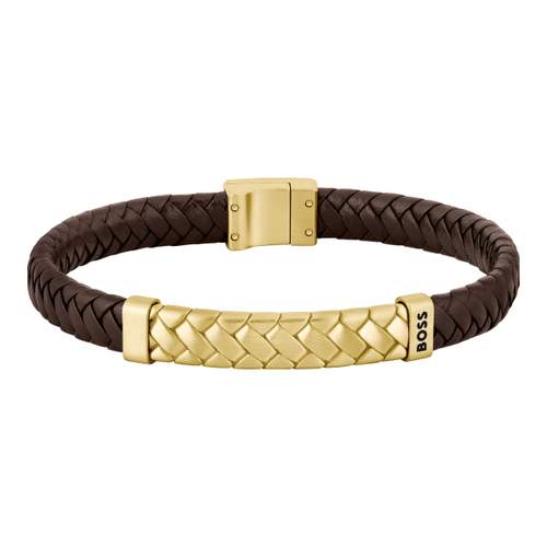 BOSS Tailored armband verguld staal bruin leer lengte 19 cm