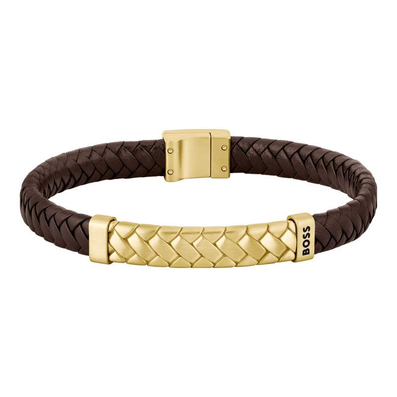 Bracelet BOSS Tailored acier doré cuir marron longueur 19 cm - vue 1