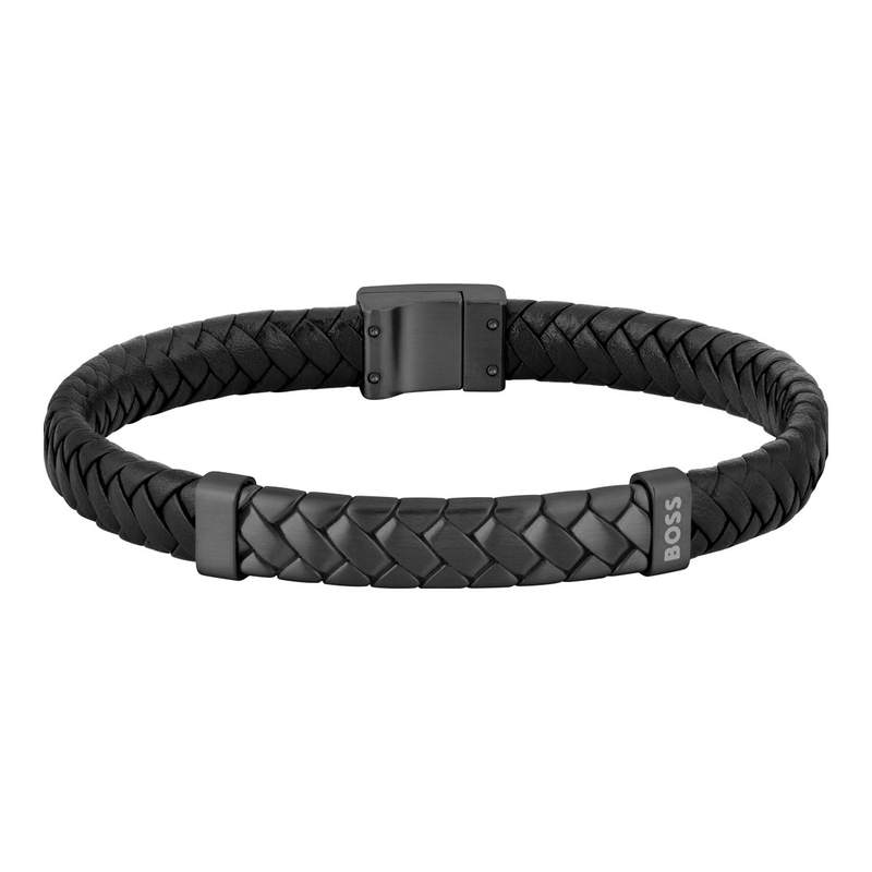 Bracelet BOSS Tailored acier noir cuir noir longueur 19 cm - vue 1