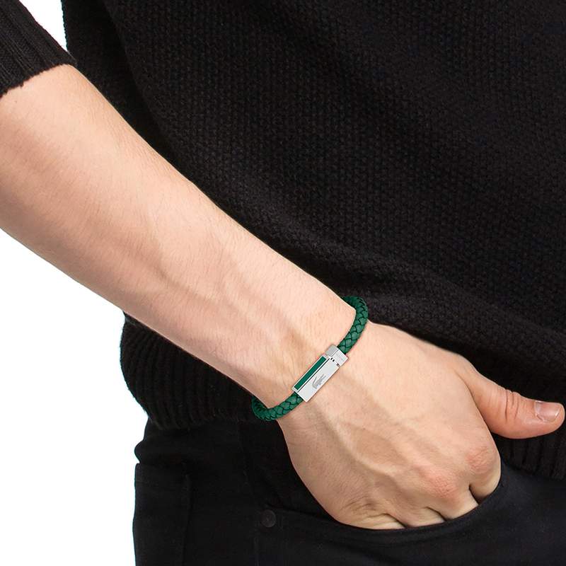 Bracelet LACOSTE Rokel acier cuir vert longueur 19 cm - vue porté 1