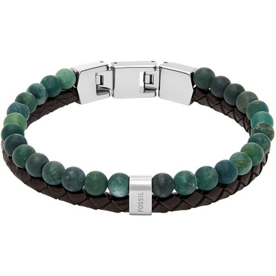 Bracelet FOSSIL acier inoxydable vert cuir marron - vue 1