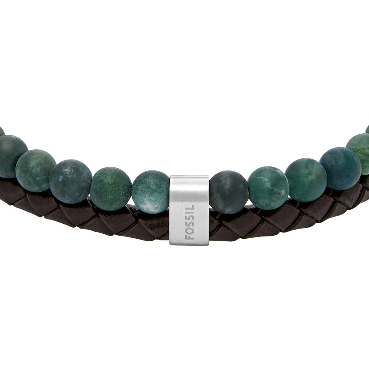 Bracelet FOSSIL acier inoxydable vert cuir marron - vue D1