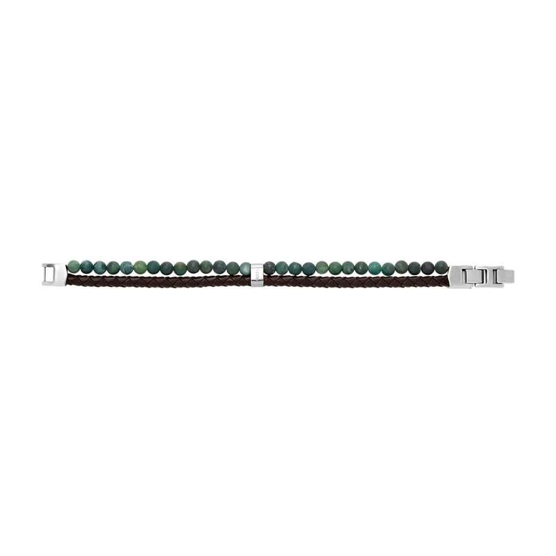 Bracelet FOSSIL acier inoxydable vert cuir marron - vue D2