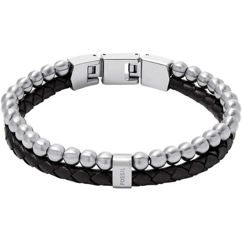 Bracelet FOSSIL acier inoxydable cuir noir - vue 1