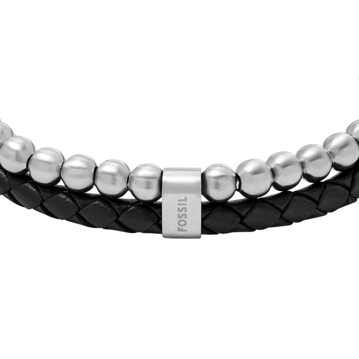 Bracelet FOSSIL acier inoxydable cuir noir - vue D1