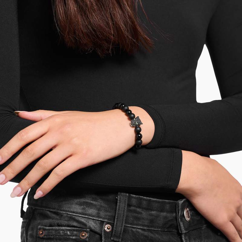 Bracelet THOMAS SABO argent black cat obsidiennes noir - vue porté 1