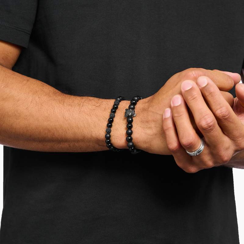 Bracelet THOMAS SABO argent black cat obsidiennes noir - vue porté 2