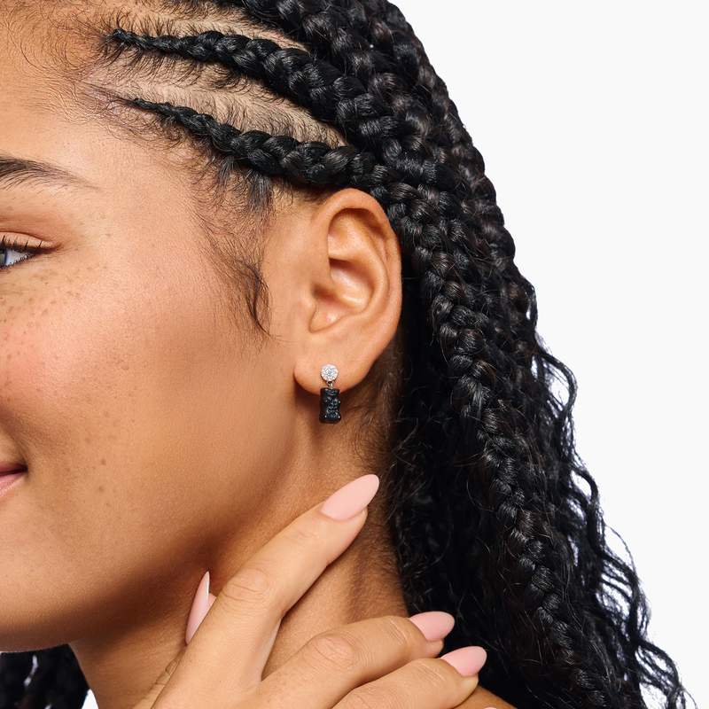 Boucles d'oreille THOMAS SABO argent ourson noir oxyde de zirconiums - vue porté 1