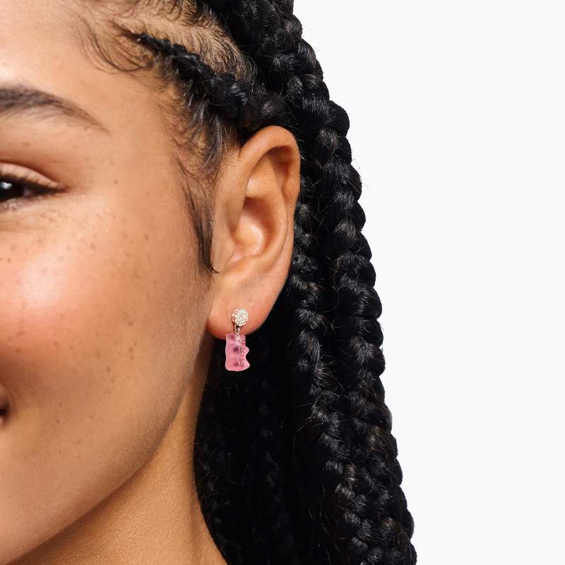 Boucles d'oreille THOMAS SABO argent ourson rose oxyde de zirconiums - vue porté 1
