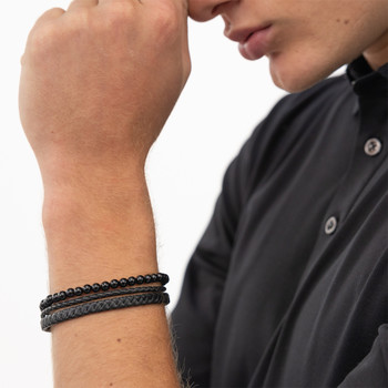 Bracelet BOSS SPHERE MIXED cuir noir