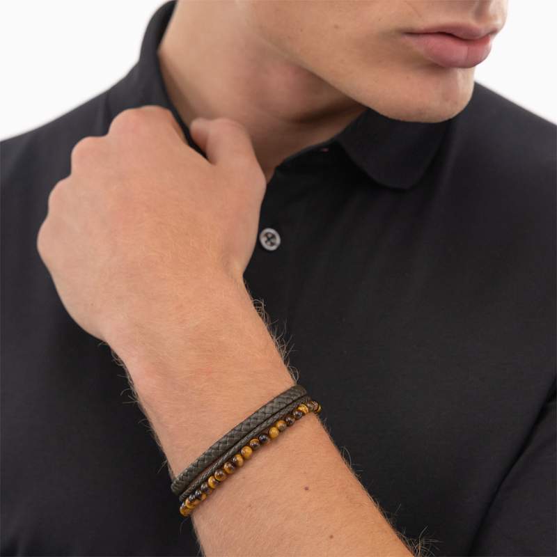 Bracelet BOSS SPHERE MIXED cuir marron - vue porté 1