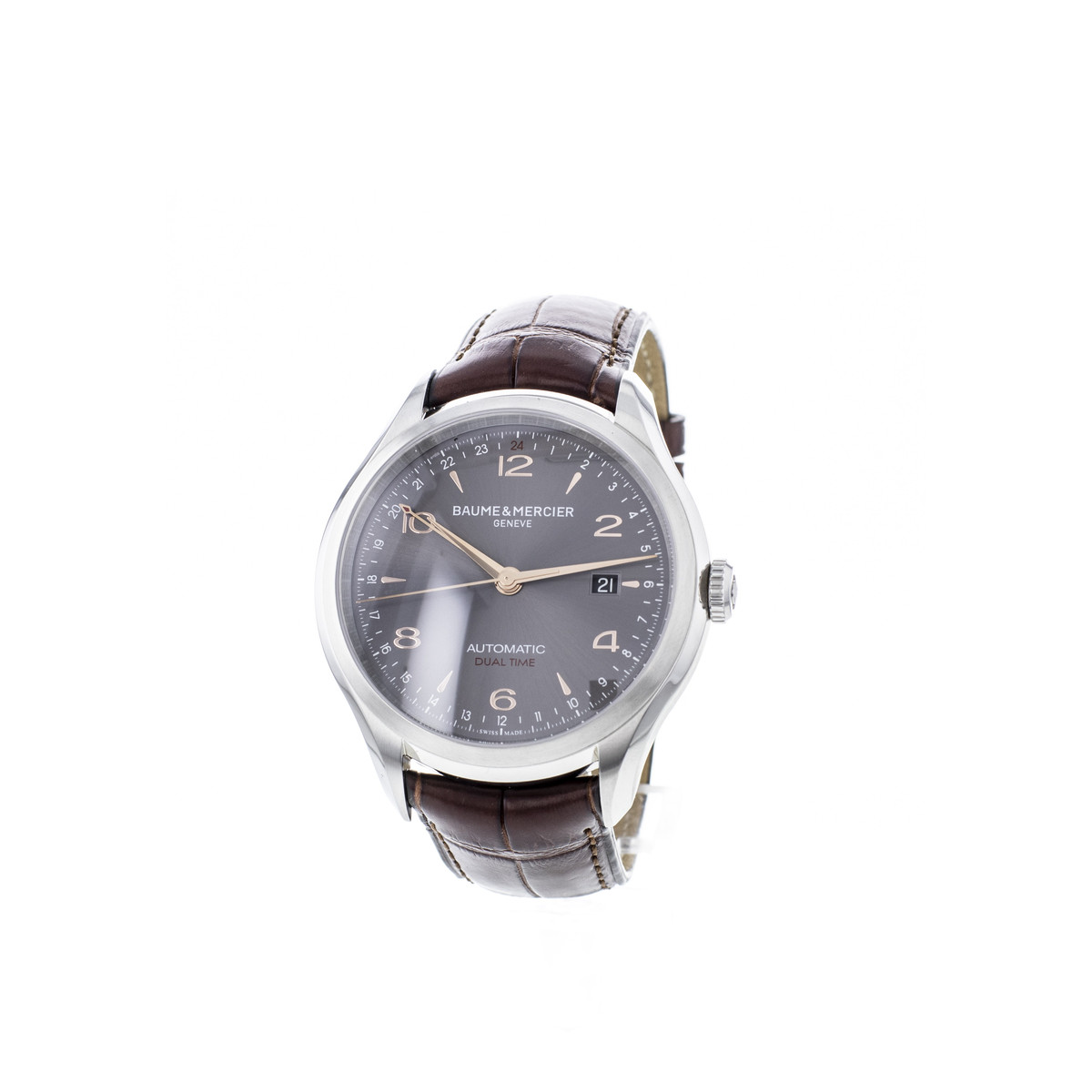 Montre d'occasion Baume & Mercier Clifton homme acier bracelet cuir noir - vue D1