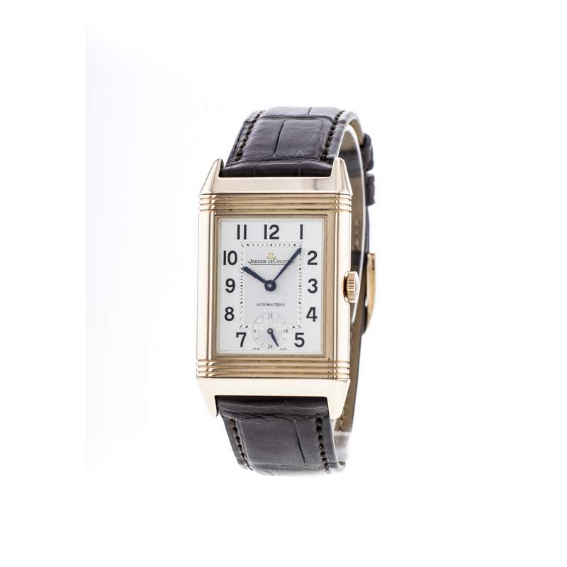 Montre d'occasion Jaeger Lecoultre Reverso homme automatique or 750 bracelet cuir noir - vue D1