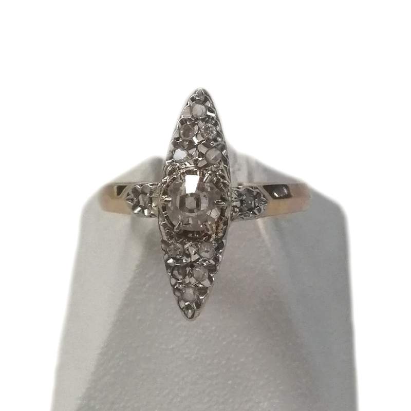 Bague marquise d'occasion or 750 jaune platine et diamants - vue 1