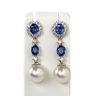 Boucles d'oreilles d'occasion or 750 blanc saphirs diamants et perles de culture blanches