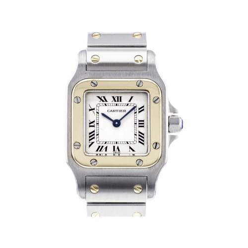 Tweedehands Cartier Santos unisex-horloge van 750 geelgoud met een armband van staal en 750 geelgoud