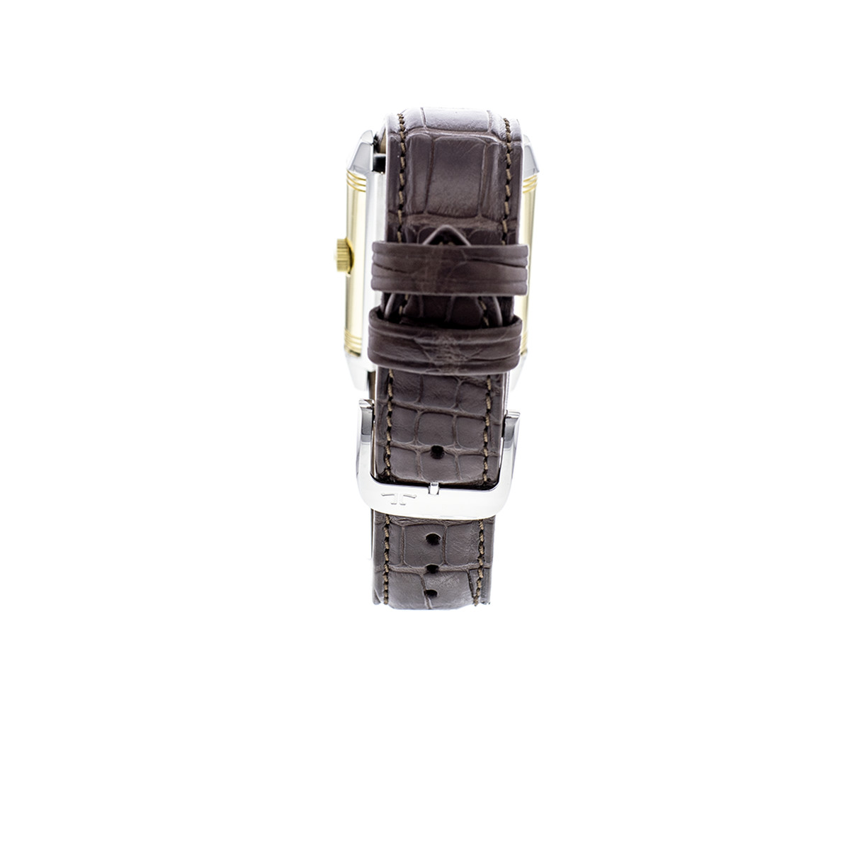 Montre d'occasion Jaeger Lecoultre Reverso mécanique homme or jaune 750 bracelet cuir marron - vue 4