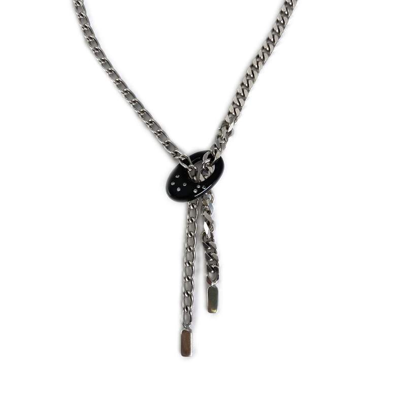 Collier d'occasion argent 925 maille gourmette plastique noir pierres blanches - vue 1