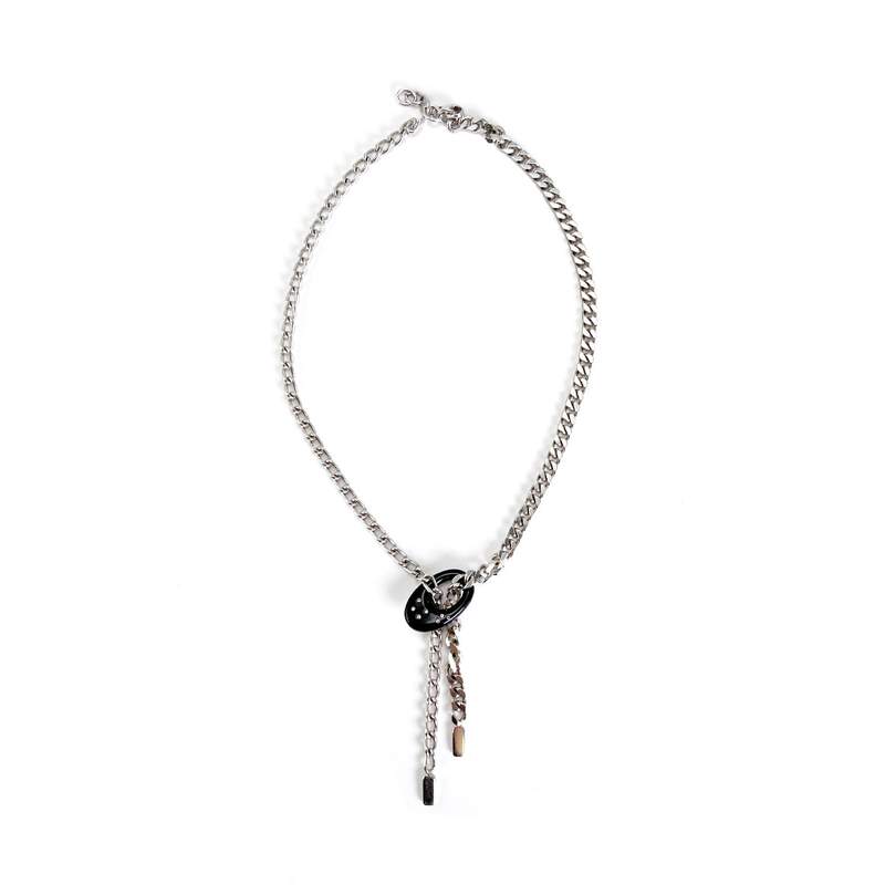 Collier d'occasion argent 925 maille gourmette plastique noir pierres blanches - vue 2