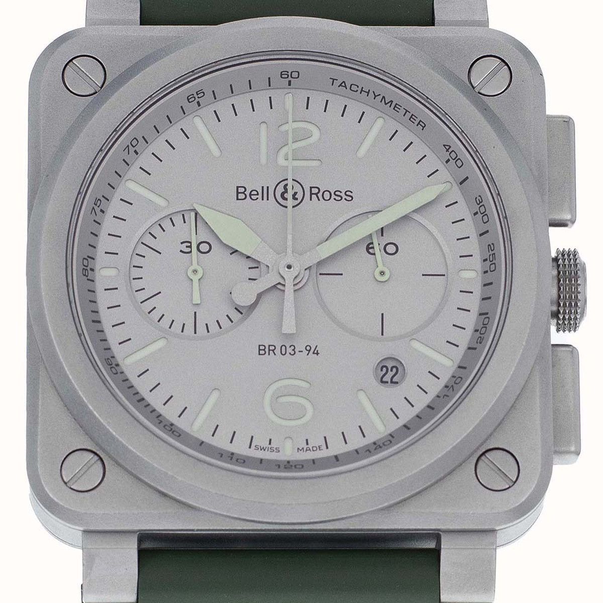 Montre d'occasion Bell & Ross BR03-94 homme automatique acier bracelet caoutchouc vert - vue D1