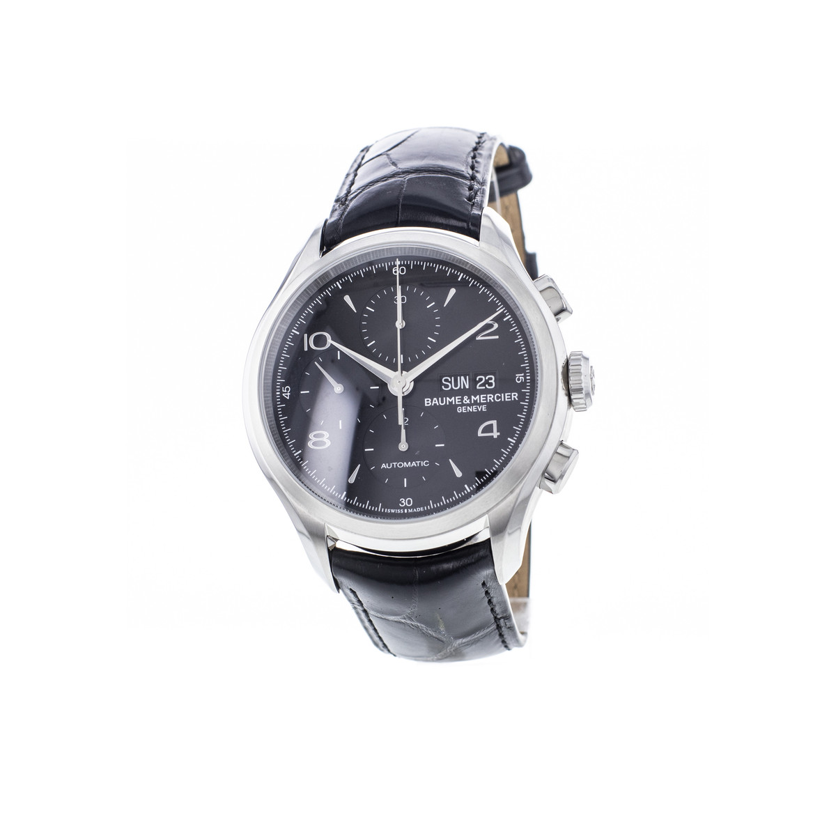 Montre d'occasion Baume & Mercier Clifton homme chronographe automatique acier bracelet cuir noir - vue D1