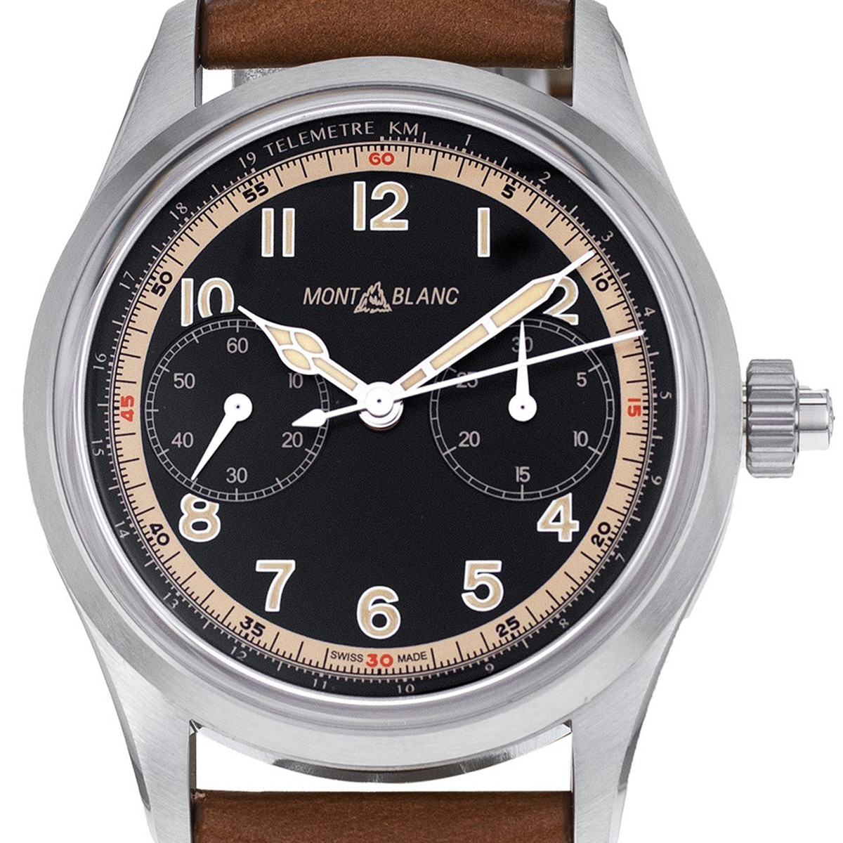 Montre d'occasion Montblanc 1858 homme chronographe automatique acier bracelet cuir marron