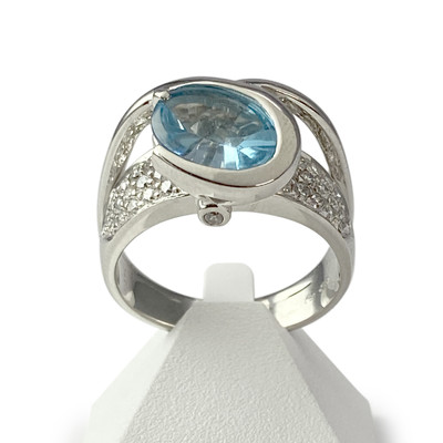 Bague d'occasion or 750 blanc diamants et topaze - vue 1