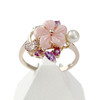 Bague d'occasion or 375 rose fleur pierres fines diamants perle de culture de Chine et nacre rose - vue V1