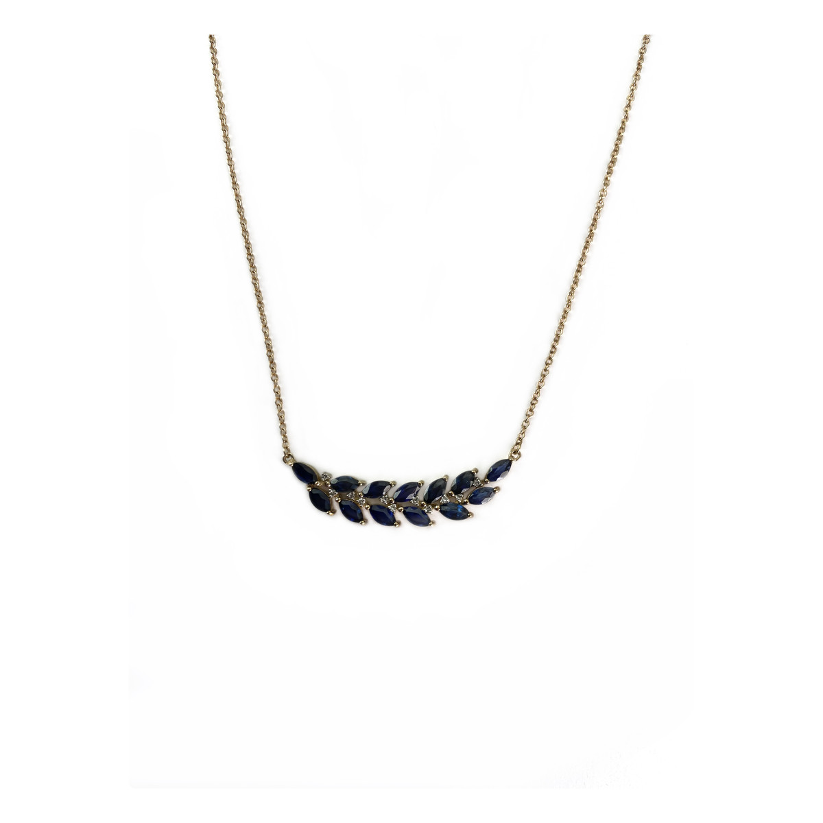 Collier d'occasion or 375 2 tons feuille de laurier saphirs et diamants 45 cm