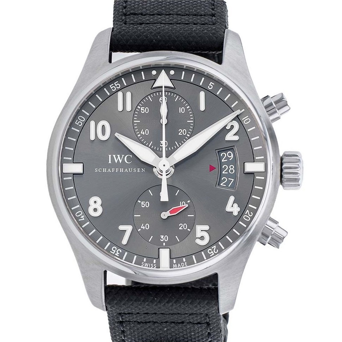 Montre d'occasion IWC Spitfire Chronographe homme automatique acier bracelet textile noir