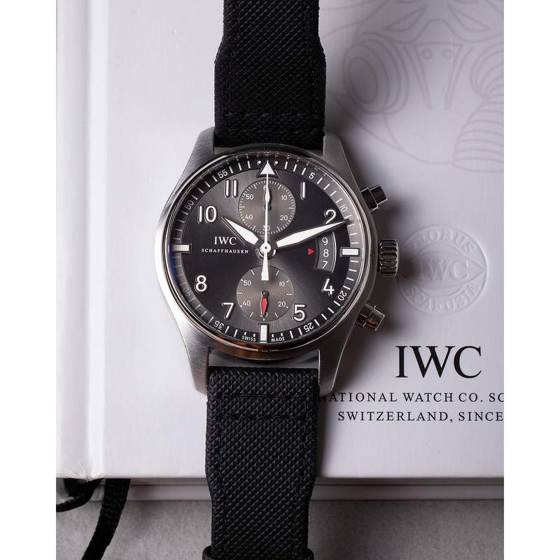 Pre-owned IWC Spitfire Chronograph men's automatic watch in stainless steel with a black fabric strap - view D2