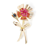 Broche d'occasion or 750 2 tons rubis saphir diamants