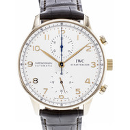 Tweedehands IWC Portugaise herenhorloge automatische chronograaf roze goud staal zwart lederen band