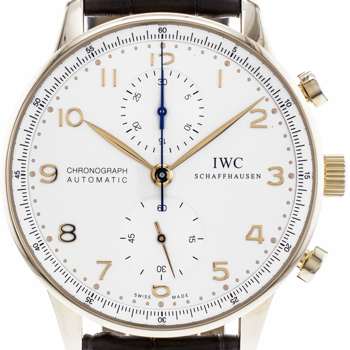 Montre d'occasion IWC Portugaise homme chronographe automatique acier doré rose bracelet cuir noir - vue D1