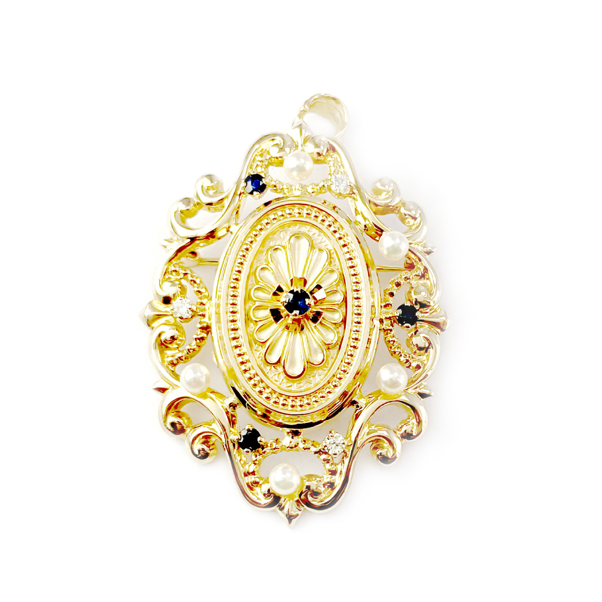 Broche pendentif d'occasion or 750 jaune saphirs diamants perles de culture