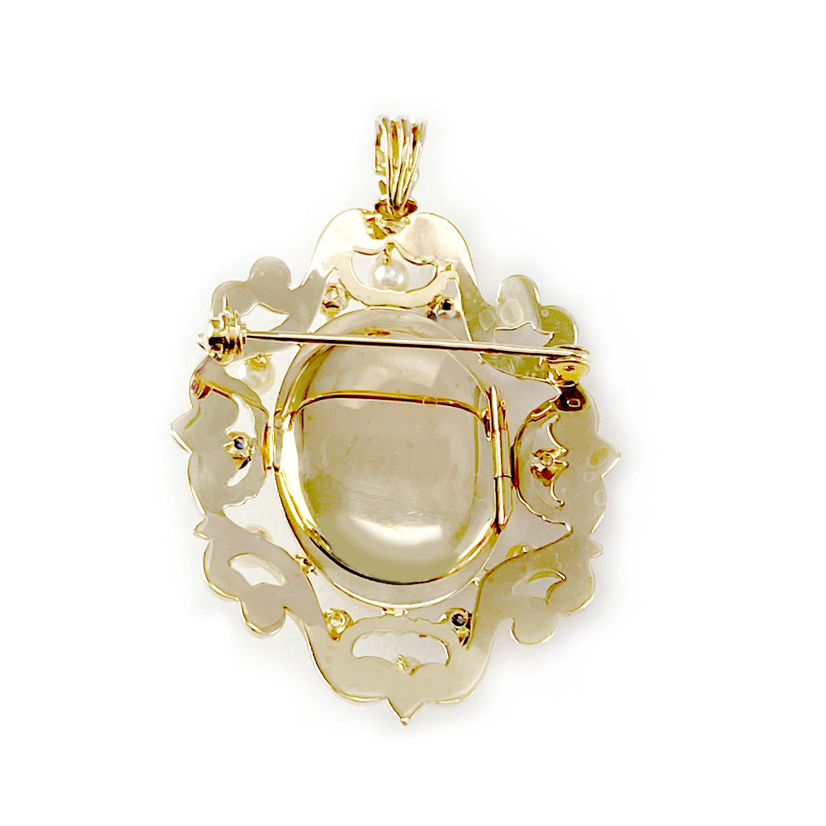 Broche pendentif d'occasion or 750 jaune saphirs diamants perles de culture - vue 2