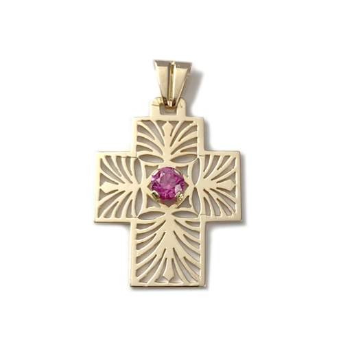 Pendentif croix d'occasion or 750 jaune rubis synthétique
