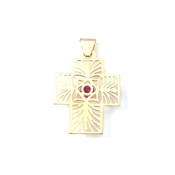 Second-hand cross pendant 750 yellow gold synthetic ruby