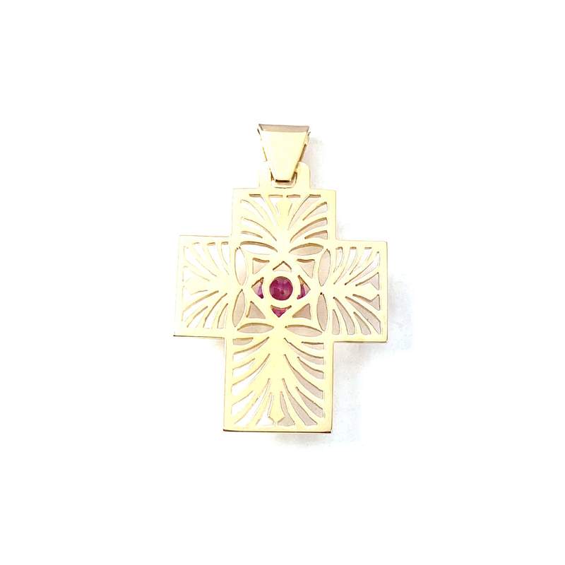 Pendentif croix d'occasion or 750 jaune rubis synthétique - vue 2