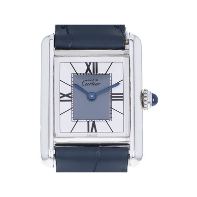 Montre Cartier Must femme quartz argent 925 bracelet cuir bleu - vue 1