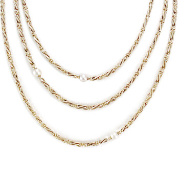 Collier triple rang d'occasion or 750 jaune perles de culture de Chine 45 à 50 cm