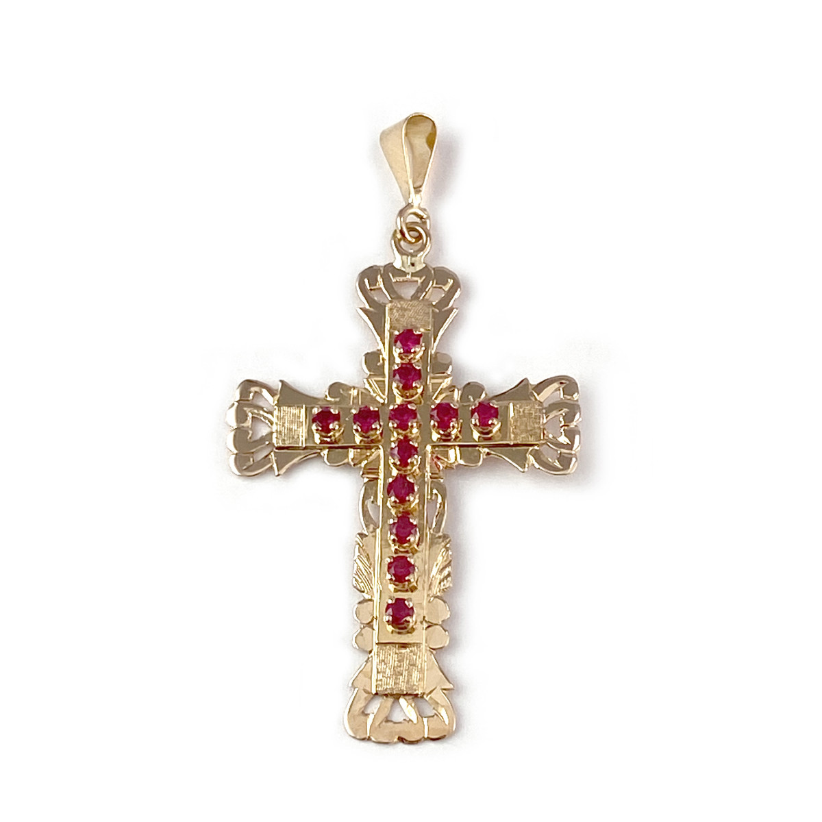 Pendentif croix d'occasion or 750 jaune rubis synthétiques