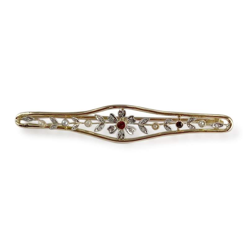 Broche d'occasion or 750 2 tons diamants et grenats - vue 1