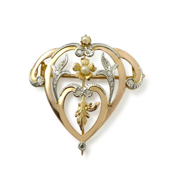 Tweedehands broche in 2-kleurig 750 goud met diamanten en parels